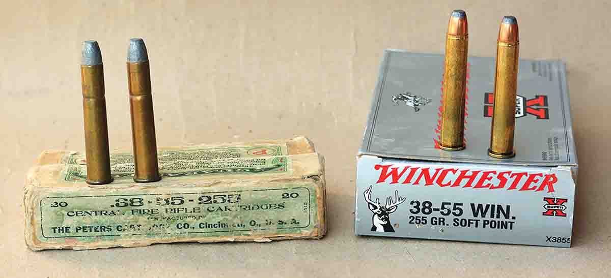 During the black-powder era, the .38-55 was a popular cartridge among target shooters and hunters. At left is a box of vintage Peters transitional ammunition containing 255-grain lead bullets, while the box on the right includes modern smokeless Winchester loads containing jacketed Power-Point bullets.